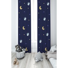 Mekta Home Bebek ve Çocuk Odası Lacivert Unicorn Desenli 2 Kanat Fon Perde