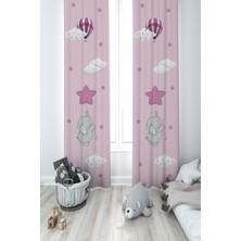 Mekta Home Bebek ve Çocuk Odası Pembe Yıldızlı Fil Desenli 2 Kanat Fon Perde