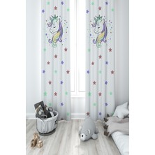 Mekta Home Bebek ve Çocuk Odası Renkli Unicorn Desenli Beyaz 2 Kanat Fon Perde