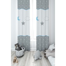 Mekta Home Bebek ve Çocuk Odası Yıldız ve Ay Desenli Çerçeveli 2 Kanat Fon Perde