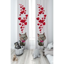 Mekta Home Bebek ve Çocuk Odası Kedi ve Kalp Desenli 2 Kanat Fon Perde