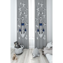 Mekta Home Bebek ve Çocuk Odası Çapa Desenli Gri 2 Kanat Fon Perde