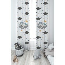 Mekta Home Sevimli Mavi Uyuyan Ayı Desenli Fon Perde 70 x 250 cm Pilesiz 2 Kanat