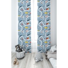 Mekta Home Bebek ve Çocuk Odası Yol ve Arabalı Mavi 2 Kanat Fon Perde