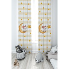Mekta Home Bebek ve Çocuk Odası Ay Üzerinde Oturan Tavşan ve Yıldız Desenli 2 Kanat Fon Perde