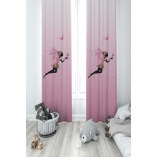 Mekta Home Bebek ve Çocuk Odası Pembe Uçan Kelebekli Prenses Kız Desenli 2 Kanat Fon Perde