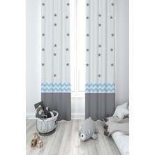 Mekta Home Bebek ve Çocuk Odası Gri Mavi Yıldız Desenli 2 Kanat Fon Perde