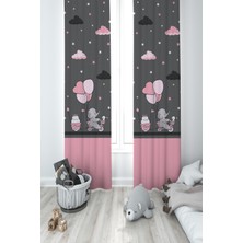 Mekta Home Bebek ve Çocuk Odası Pembe Bisiklet Balon ve Fil Desenli 2 Kanat Fon Perde