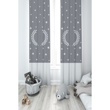 Mekta Home Bebek ve Çocuk Odası Çelenk Yıldız Desenli Çerçeveli Gri 2 Kanat Fon Perde