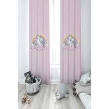 Mekta Home Bebek ve Çocuk Odası Gökuşağı ve Unicorn Desenli Pembe 2 Kanat Fon Perde