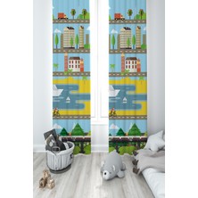 Mekta Home Bebek ve Çocuk Odası Şehir Desenli 2 Kanat Fon Perde