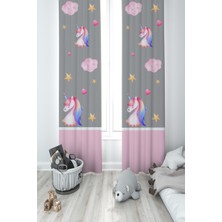 Mekta Home Bebek ve Çocuk Odası Unicorn ve Seksek Desenli 2 Kanat Fon Perde