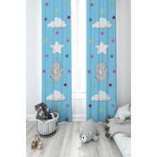 Mekta Home Bebek ve Çocuk Odası Seksekli Uçan Fil Desenli Mavi 2 Kanat Fon Perde