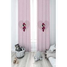 Mekta Home Bebek ve Çocuk Odası Büyük Kalpli Minnie Mause ve Puantiyeli 2 Kanat Fon Perde