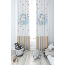 Mekta Home Bebek ve Çocuk Odası Kalpli Unicorn Desenli 2 Kanat Fon Perde