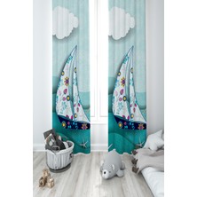 Mekta Home Bebek ve Çocuk Odası Deniz Feneri ve Yelken Desenli 2 Kanat Fon Perde