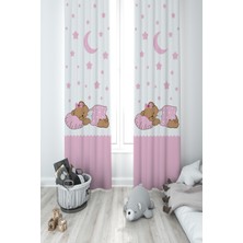 Mekta Home Bebek ve Çocuk Odası Uyuyan Sevimli Ayı Desenli Pembe 2 Kanat Fon Perde