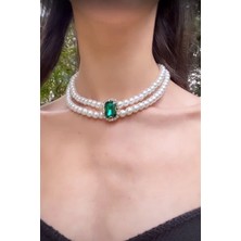 Sose Moda Haki Kristal Uçlu Inci Choker Kolye