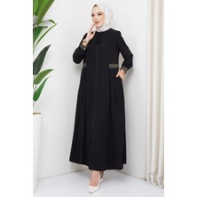 Hafsa Mina Nakışlı Büyük Beden Ferace Siyah HM2280