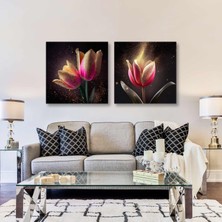 SML Tablo Pembe Lale Gold Detaylı Altın Pırıltılar Lüks Dekoratif Ikili Kombin 2li Kanvas Tablo