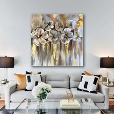 SML Tablo Beyaz Altın Çiçekler Yağlı Boya Efektli Kare Kanvas Tablo