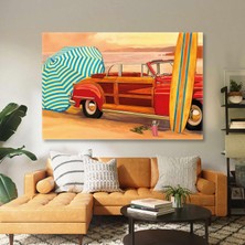 SML Tablo Sahil Kenarı Kumsal Kırmızı Klasik Araba Sörf Tahtası Yatay Kanvas Tablo