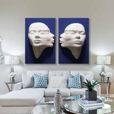 SML Tablo Mavi Duvardan Çıkan Alçı Görünümlü Heykel Romantik Çift Kadın Ikili Kombin 2 Li Set Kanvas Tablo