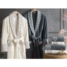 Dantela Premium Cotton Jakarlı Aile Bornoz Seti-Mery Krem Petrol