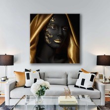 Gold Makyajlı ve Altın Sarısı Eşarplı Yüzünde Art Deko Desenli Kadın Kare Kanvas Tablo