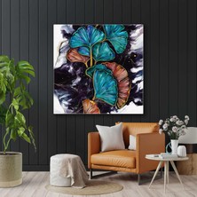 SML Tablo Mavi ve Kırmızı Yapraklar Mermer Deseni Altın Detaylar Dekorasyon Kare Kanvas Tablo