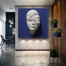 SML Tablo Mavi Duvardan Çıkan Alçı Heykel Kafası Eriyen Iki Yüz Kare Kanvas Tablo
