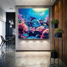 Denizaltı Fırça Izleri Mavi Balık Su Altı Doğa Kare Kanvas Tablo