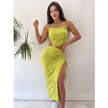 Pink Life Yeşil Kriptografik Zarif Seksi İp Detaylı Maksi Elbise