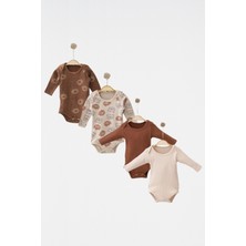 Babejix Bisiklet Yakalı  Pamuklu Sevimli Ayıcık Baskılı Kahverengi ve Basic Unisex Uzun Kollu Çıtçıtlı 4’lü Bebek Badi