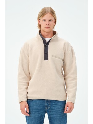 Knup Erkek Bej Yarım Fermuarlı Suni Yün Görünümlü Sweatshirt