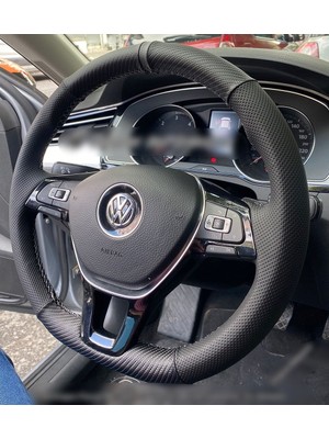 İmza Volkswagen Caddy 2016 - 2019 Araca Özel Dikmeli Direksiyon Kılıfı (Nokta Karbon Gri Yüzüklü)