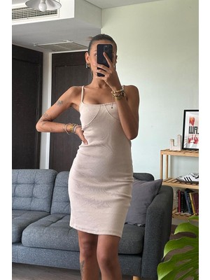 Flaw Basic Dikiş Detaylı Mini Sütlü Kahve Elbise