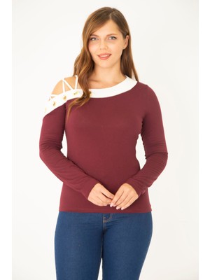Şans Kadın Büyük Beden Bordo Kuşgözü Ve Biye Detaylı Bluz 65N36965