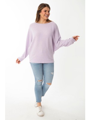 Şans Kadın Büyük Beden Lila Yarasa Kol Kendinden Çizgili Yün Viskon Bluz 65N37007