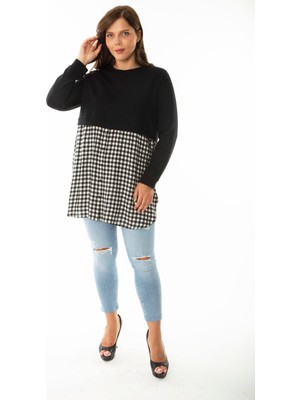 Şans Kadın Büyük Beden Siyah Alt Kısmı Ekose Desen Ve Düğmeli Tunik 65N36961