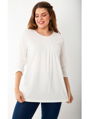 Şans Kadın Büyük Beden Kemik Pamuklu Kumaş Pile Detaylı Kapri Kollu Bluz 65N37225