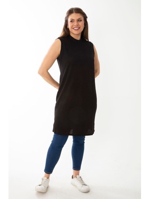 Şans Kadın Büyük Beden Siyah Kaşkorse Kumaş Sıfır Yaka Yaka Kolsuz Uzun Bluz 65N37096