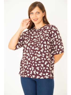 Şans Kadın Büyük Beden Mürdüm Dokuma Viskon Kumaş Ön Pat Düğmeli Kısa Kollu Gömlek 65N36992