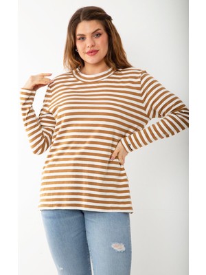 Şans Kadın Büyük Beden Sütlükahve Uzun Kollu Çizgili Bluz 65N37217