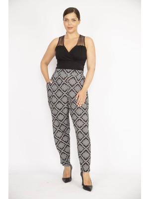 Şans Kadın Büyük Beden Siyah Beli Lastikli Yan Cepli Desenli Pantolon 65N37242
