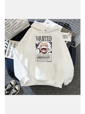 Populus Luffy Gear 5 Wanted Kapşonlu Beyaz Sweatshirt