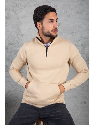 Four Man Erkek Beyaz Standart Fit Normal Kesim Içi Polarlı Bato Yaka Fermuarlı Pamuklu Sweatshirt