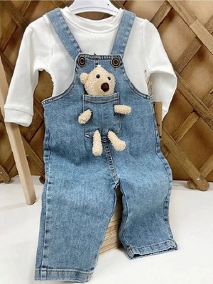Bilge Trend Oyuncaklı Kot Salopet Tshirt Ikili Takım Teddy Bear Slopet T Shirt Takım