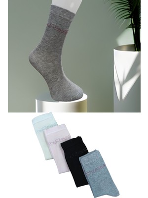 Leement Socks Kadın Dikişsiz 4 Çift Bambu Simli Desenli Soket Çorap