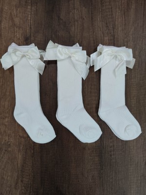 Leement Socks Kız Çocuk 3 Çift Aksesuarlı Fiyonklu Pamuklu Diz Altı Çorap